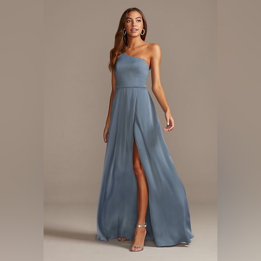 David’s Bridal Bridesmaid dress Dusty blue size 10 crepe-back satin one-shoulder
